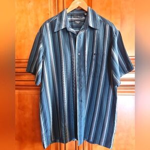 Haggar Men's Navy, Black Gray Striped Button-Down Shirt Lux Microfiber EUC L